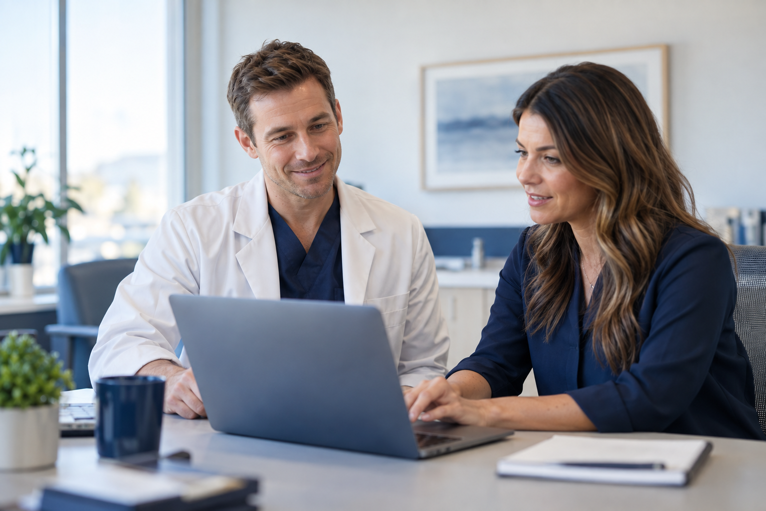 Illustration of a clinician and healthcare operations colleague working together